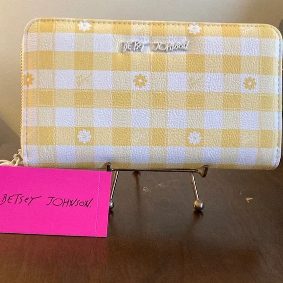 Betsey Johnson Yellow and White Gingham Zip Wallet with Daisies - Picture 10 of 10
